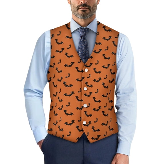 Psesaysky Slim Fit Casual Dress for Wedding Business, Woven Fabric Lightweight Mens Suit Vest, Bat Halloween Print