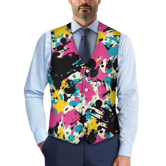 Psesaysky Slim Fit Mens Business Formal Waistcoat for Casual Party Woven Fabric Classic Waistcoat Vest, Paint Splatter Bright