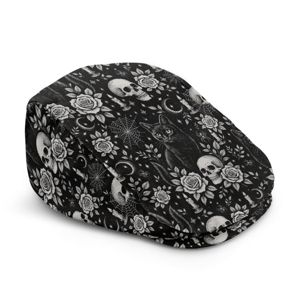 Psesaysky Soft Flat Cap for Driving Walking, Gothic Skull Cat Theme Polyester Fabric All-Match Newsboy Beret Multi-Scenario Wear