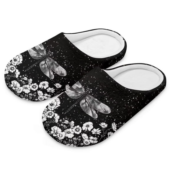 Psesaysky Soft Indoor Closed Toe Cotton Slippers Non-slip Sole Lightweight Dragonfly Flower Night Print House Slippers Home Shoes, Size 12-13
