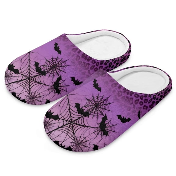Psesaysky Soft Indoor Closed Toe Cotton Slippers Non-slip Sole Lightweight Purple Spider Web Bats Leopard Print House Slippers Home Shoes, Size 4.5-5.5