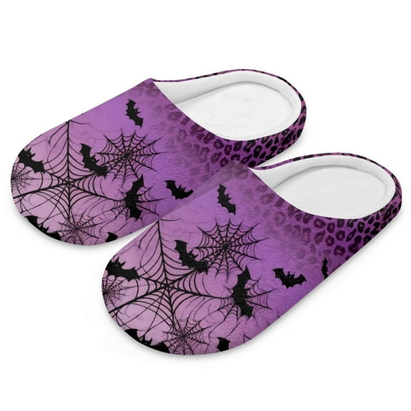 Psesaysky Soft Indoor Closed Toe Cotton Slippers Non-slip Sole Lightweight Purple Spider Web Bats Leopard Print House Slippers Home Shoes, Size 7.5-8.5