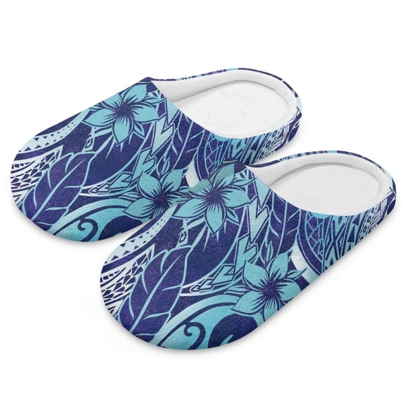 Psesaysky Soft Indoor Closed Toe Slippers Non-slip Sole Lightweight House Slippers Bedroom Home Shoes Blue Polynesian Plumeria Floral Print, Size 9-10