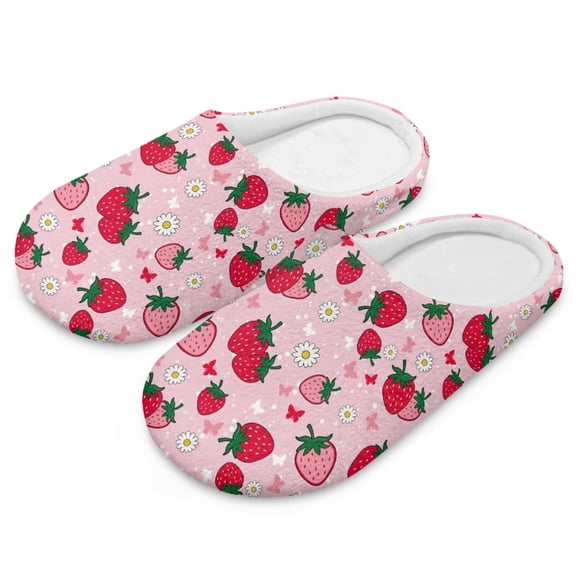 Psesaysky Soft Indoor Closed Toe Slippers Non-slip Sole Lightweight House Slippers Bedroom Home Shoes Cute Strawberry Floral Print, Size 7.5-8.5