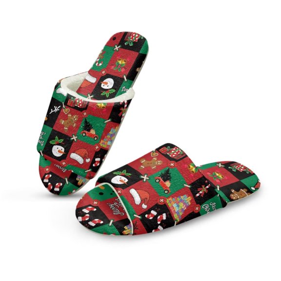 POLERO Christmas Pattern Open Toe House Slippers for Women Men Soft Cotton Indoor Shoes Memory Foam Slip On Bedroom Slippers, Size 4.5-5.5