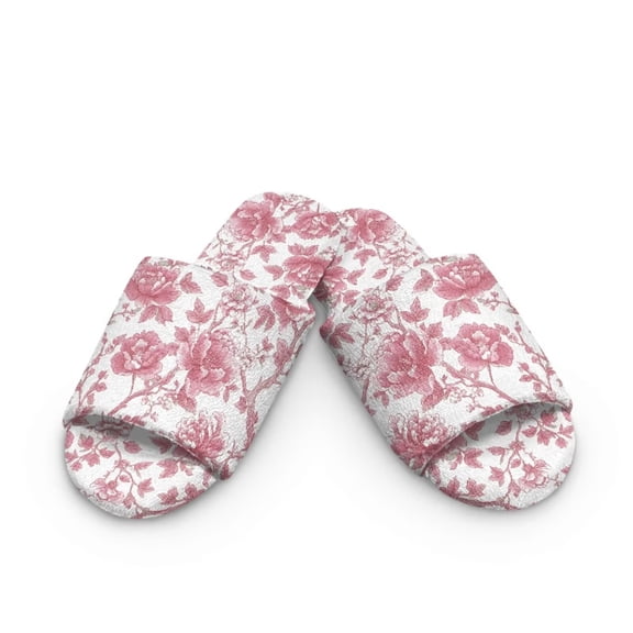 Psesaysky Soft Indoor Open Toe Cotton Slippers Non-slip Sole Lightweight Pink Peony Flower Print House Slippers Home Shoes, Size 7.5-8.5