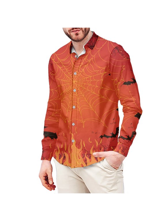 Spider Web Bat Flame Mens Dress Shirt Long Sleeve Casual T-Shirts Button Down Tee Tops Comfortable Athletic T-Shirts for Men