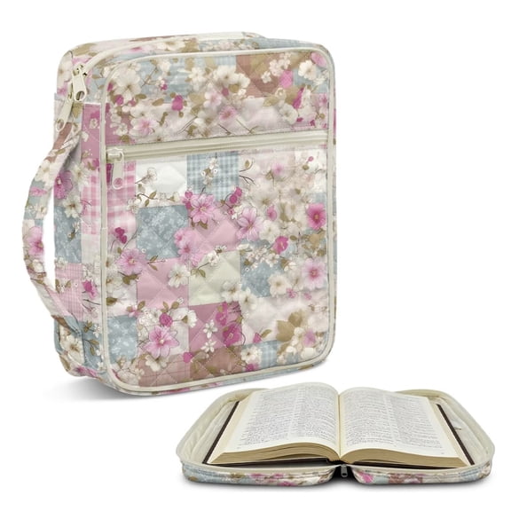 Psesaysky Spliced Floral Bible Cover Case for Women Pink Flower Quilted Bible Cover with Handle Large Bible Carrying Case Tote Bag Bible Study Supplies Accessories