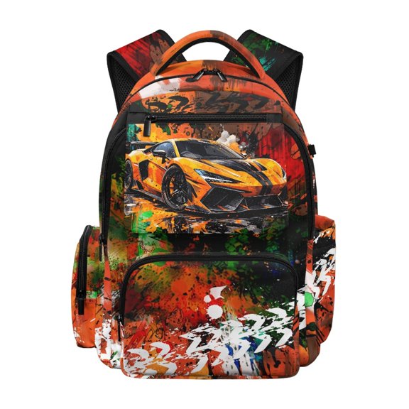 Psesaysky Sports Car Graffiti Print Lightweight Backpack for School for Travel Back to School, Adjustable Strap Breathable 600D Polyester Travel Bookbag
