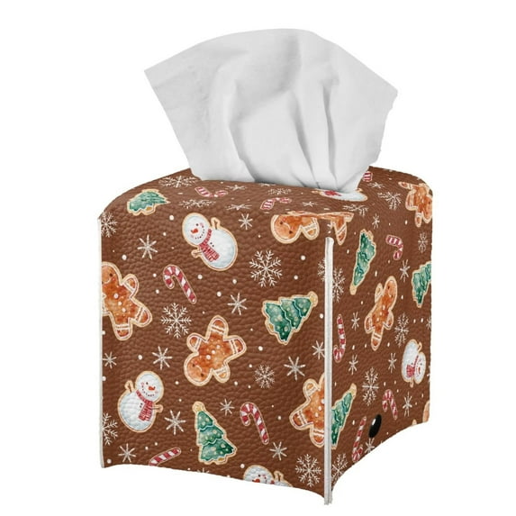 Psesaysky Square Tissue Box Cover, Christmas Waterproof Pu Leather Car Tissue Holder with Metal Button Brown Gingerbread Man Napkin Holder Organizer for Bathroom, Bedroom, Hotel, Office Desk