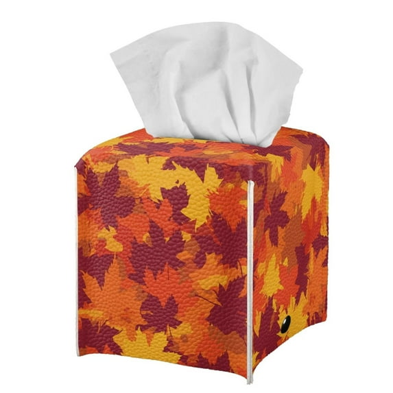 Psesaysky Square Tissue Box Cover Fall Decor, Waterproof Pu Leather Car Tissue Holder with Metal Button Maple Leaves Orange Napkin Holder Organizer for Bathroom, Bedroom, Hotel, Office Desk
