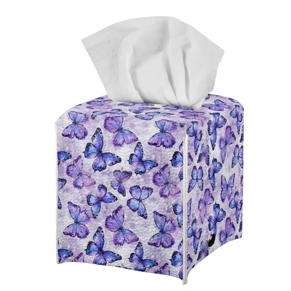 Psesaysky Square Tissue Box Cover PU Leather, Purple Butterflies Waterproof Car Tissue Holder Storage for Bathroom Vanity, Countertops, Dressers, Night Stand, Parlors and Offices