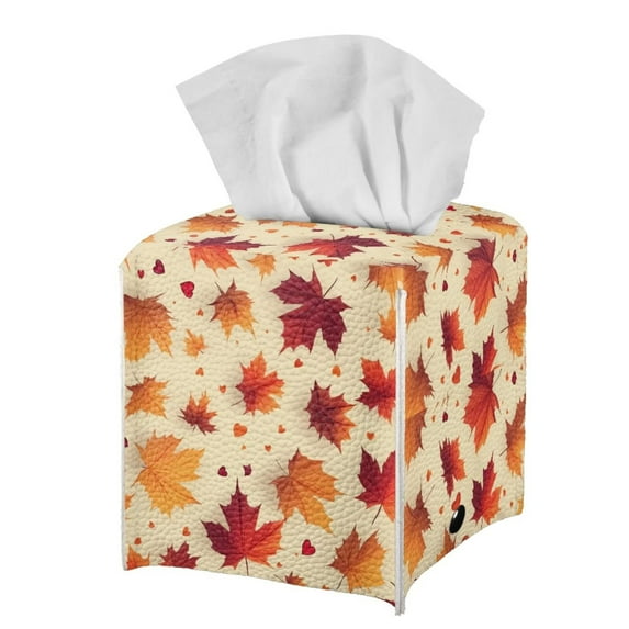 Psesaysky Square Tissue Box Cover - Waterproof PU Leather Tissues Cube Boxes Holder Fall Aesthetic Desk Decor for Room, Home & Office - Maple Leaves