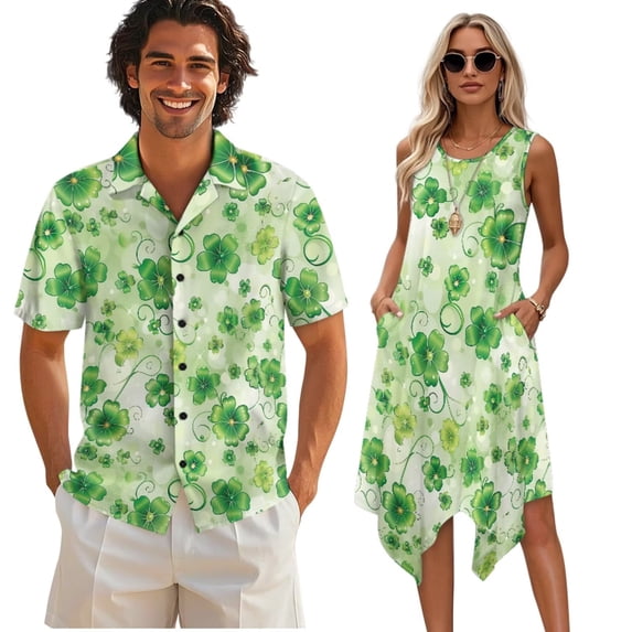 Psesaysky St. Patrick's Day Matching Outfits for Couples Green Leaves Tank Dress for Women His and Her Matching Set Summer Sleeveless Sun Dress with Pockets or Aloha Shirts Plus Size