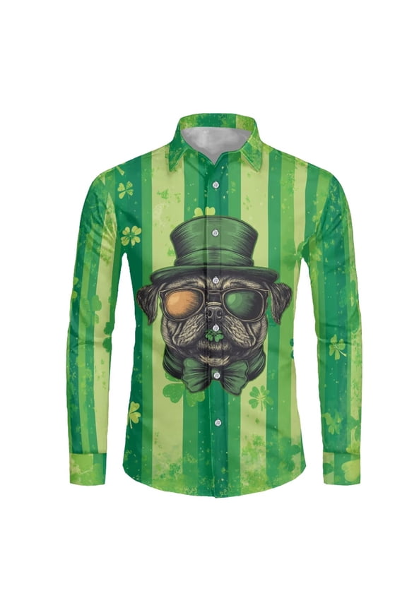 St Patrick's Day Mens T-shirt Pug Stripe Graphic Athletic Shirt Cute Dog Pattern Wears Muscle Fit Shirts with Long Sleeve Wrinkle-Free Wear for Men M-3XL