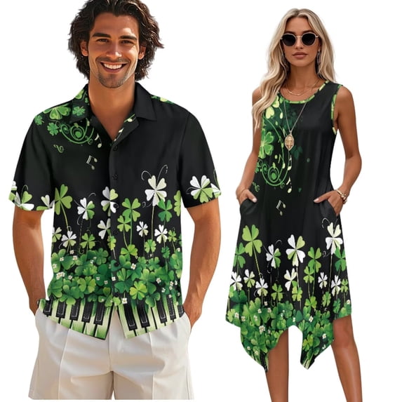 Psesaysky St. Patrick's Day Sleeveless Dress for Women Couples Matching Outfit Shirts&Sundress for His and Her Green Leaves Piano Short Sleeve Button Down Shirts,S-5XL