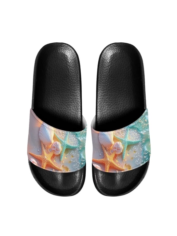 Starfish Shells Printed Slide Sandals Shoes Soft Flexible Men's Beach Sandals Indoor Outdoor Anti-Slip Lightweight Sandals Shoes