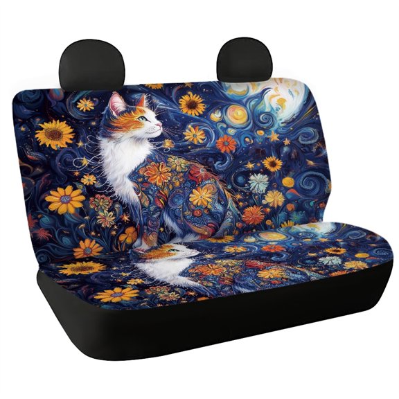 Psesaysky Starry Cat Sunflower Rear Bench Seat Covers with Stretch Fabric, Dirt and Scratch Proof Non Slip Covers for SUV, Truck and Auto (2 Pack)