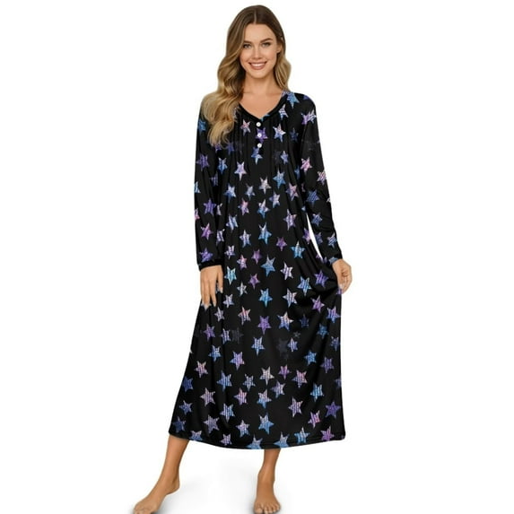 Psesaysky Stars Print Warm Nightgowns for Women Soft Long Sleeve Night Gown Plus Size Sleepwear Loungewear for Pajama Party, 2X Large