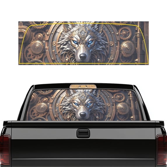 Psesaysky Steampunk Mechanical Wolf Pickup Truck Rear Window Decal 66.9 x 22.4 Inches, Fade Resistant Anti-UV Vinyl for Most Pickup Trucks