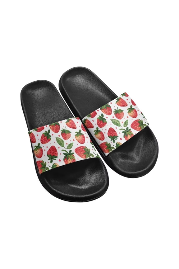 Strawberry Printed Slide Sandals for Women Girls Comfortable Non-Slip House Sandals Daily Slippers Water Slides Gift for Wife Daughters Black Sole Size 9