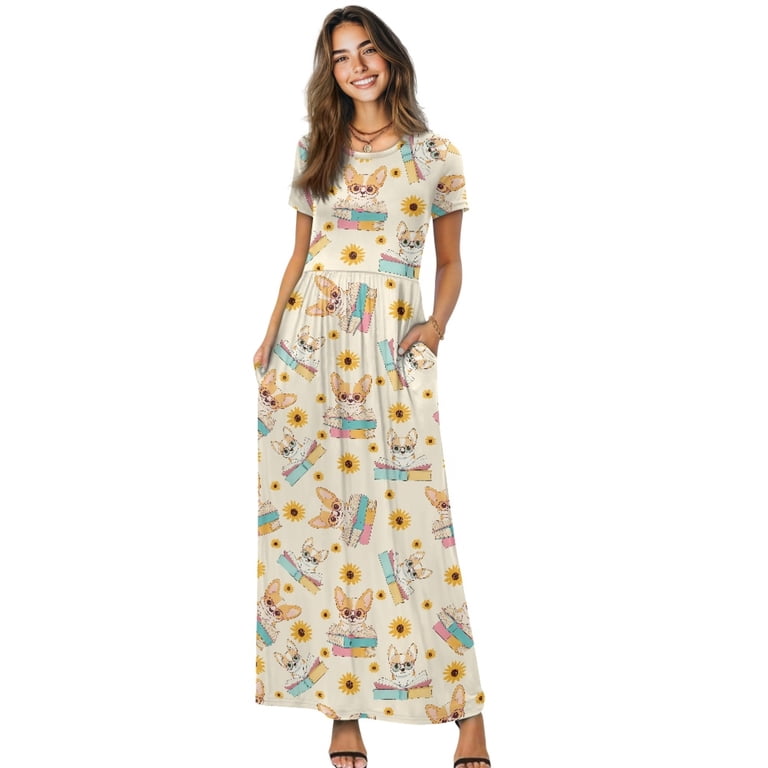 Psesaysky Stretch Floor Long Dress for Evening Party Beach, Corgi Sunflower Books Polyester and Spandex Quick Dry Women Short Sleeve Maxi Dress Two