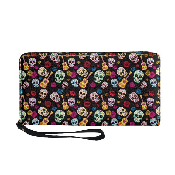 Psesaysky Sugar Skull Print Large Capacity Women's Wallets, Around Zipper Long Purse with Zip Around for Travel Shopping Dating
