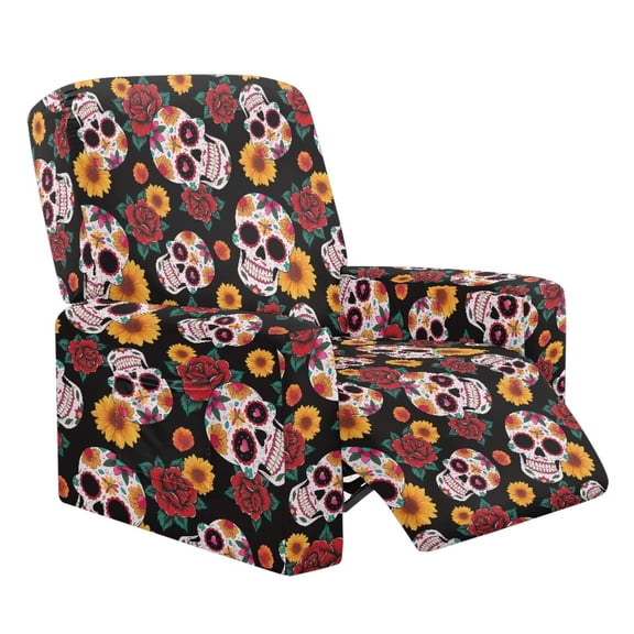 Psesaysky Sugar Skull Sunflower Rose Pattern Recliner Slipcover Stretch Reclining Chair Covers Home Decor 4 Pieces Non Slip Recliner Sofa Slipcovers with Pockets Couch Cover Lazy Boy Chair Cover
