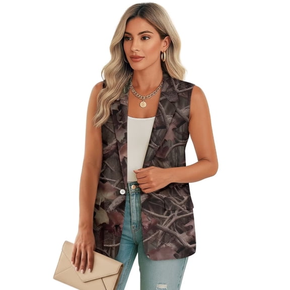 Psesaysky Summer Sleeveless Blazer Vest For Women Dressy Brown Camo Hunting Branch Print Button Down Lapel Collar Business Casual Outfits Work Suit Vests Tops with Pockets, Size 4XL