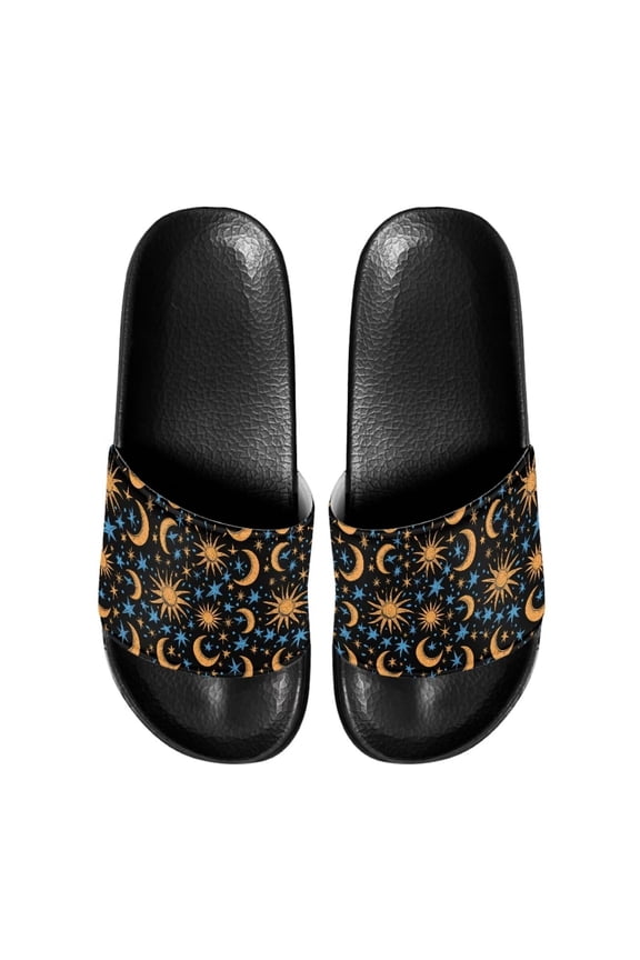 Sun and Moon Pattern Slide Sandals for Men Big Boys Leather Sandals Easy to Clean and Maintain Indoor Outdoor Anti-Slip Lightweight Slide Sandals