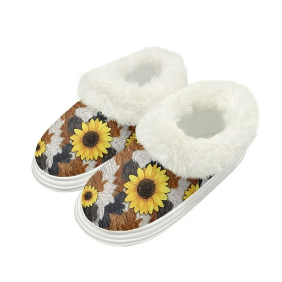 Psesaysky Sunflower Cow Print Winter House Slippers for Women, Warm Fluffy Fuzzy Slippers, Non-Slip Thick Sole Home House Shoes, Indoor and Outdoor, Size 8-9