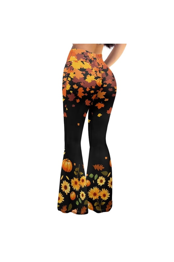 Sunflower Maple Leaves Pumpkin High Waisted Tummy Control Wide Leg Bootcut Leggings for Women Thanksgiving Party Workout Stretchy Pants Casual Fall Soft Flare Leggings,L
