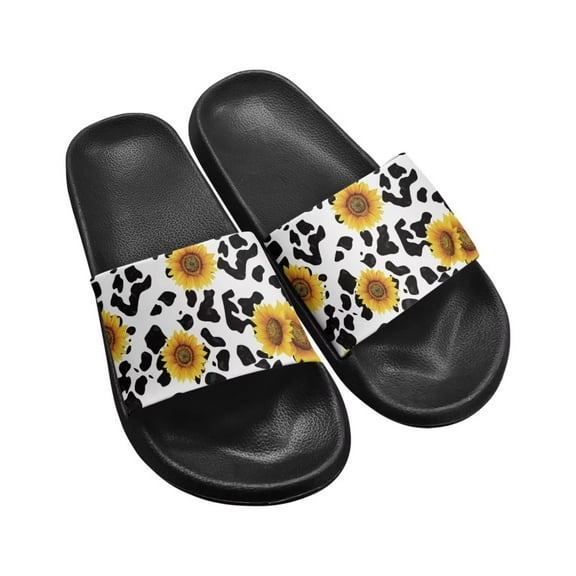 Psesaysky Sunflowers Cow Printed Slide Sandals for Women Convenient Comfort Slip-on House Slippers Summer Non-Slip Fashion Beach Sandals Black Sole Size 6.5