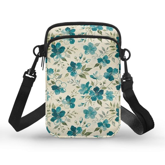 Psesaysky Teal Blue Floral Print Cell Phone Purse, Zipper Crossbody Bag 2 Zippers Shoulder Bags for Travel Shop