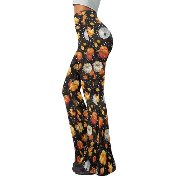 Psesaysky Thanksgiving Pumpkin Flare Yoga Pants for Women Fall Maple Leaf Workout Leggings Casual Comfy Party Wide Leg Stretchy Pants for Holiday Party