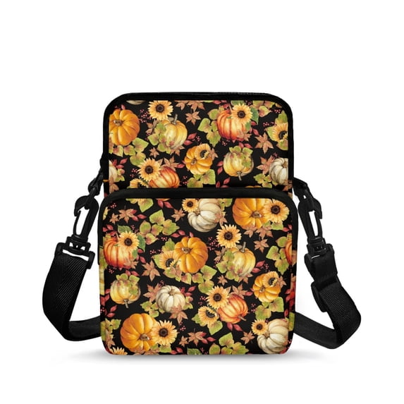 Psesaysky Thanksgiving Pumpkin Sunflower Sling Shoulder Bag Stretch Polyester Cross Body Phone Purse for Women, with Pockets with Zipper Crossbody Bags