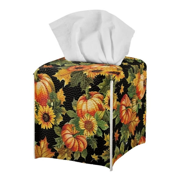 Psesaysky Thanksgiving Tissue Box Cover, Modern PU Leather Square Tissue Box Holder for Creative Decorative, Ideal for Bathrooms/Office/Car/Nightstand/Dining Table, Pumpkin Sunflower