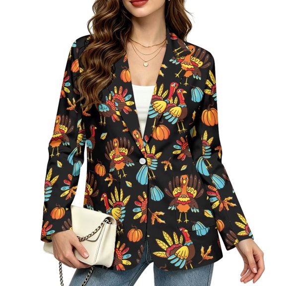 Psesaysky Thanksgiving Turkey Pumpkin Womens Blazers Work Office Suits, Open Front Long Sleeve Business Casual Jackets with Pockets, Oversized One Button Boyfriend Slim Fit Professional Suit Jackets