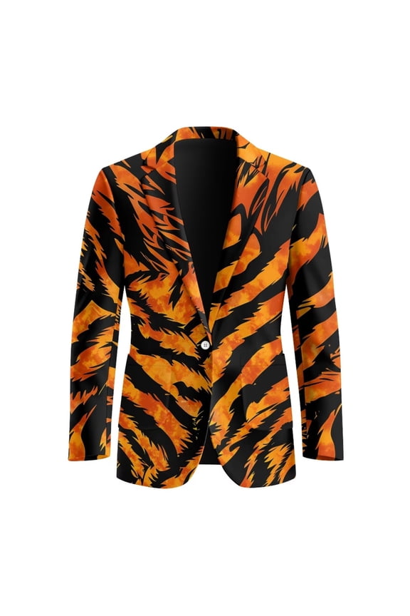 Tiger Print Men's Casual Suit Jacket Breathable One Button Tuxedo Jacket with Pockets Notched Lapel Open Front Blazer,2XL