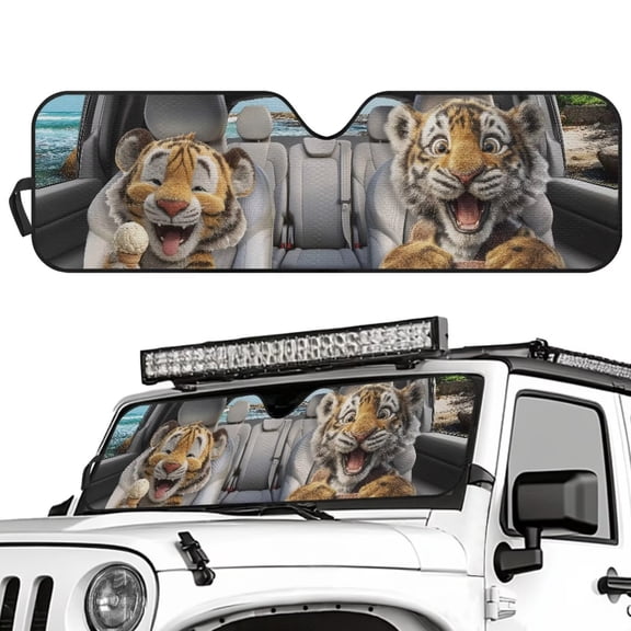 Psesaysky Tiger Windshield Sunshade Foldable Sun Visor for Jeep Wrangler TJ JK JKU Sport Sahara Rubicon 2 Door & 4 Door Car Sun Protector Cover for Summer Travel