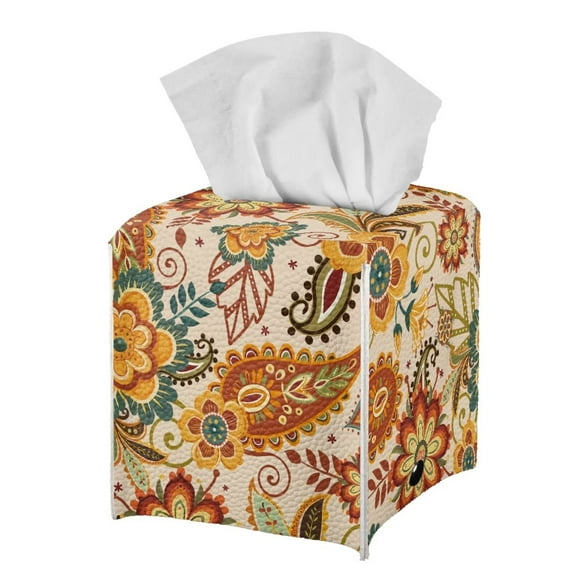 Psesaysky Tissue Box Cover, Boho Paisley Floral Square Decorative Car Tissue Holder PU Leather Facial Paper Case Organizer Dispenser for Bathroom, Vanity Countertop, Night Stands, Desk