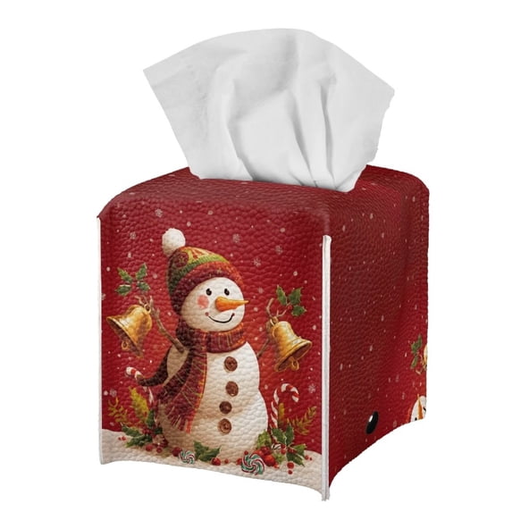 Psesaysky Tissue Box Cover, Christmas Snowman Bell Square Tissue Box Holder with Bottom Belt - Waterproof PU Leather Decorative Organizer for Tabletop, Bathroom, Car, Office