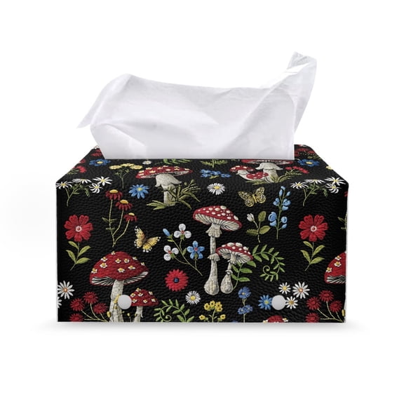 Psesaysky Tissue Box Cover, Mushroom Wildflower Print with Buttons Foldable Cuboid Tissue Box Holder for Outdoor Tent, PU Leather Rectangle Tissue Box Cover