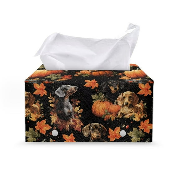 Psesaysky Tissue Box Cover Rectangle PU Leather, Thanksgiving Dachshund Pumpkin Tissue Box Holder, Waterproof Decorative Cover for Bathroom Toilet Bedroom Living Room Table Desk Office