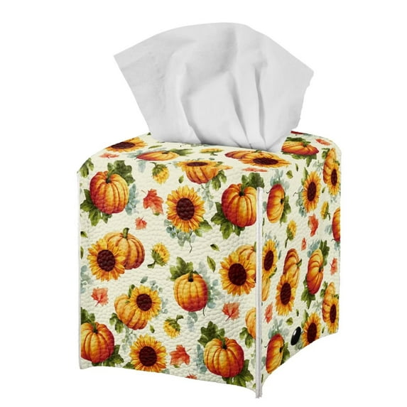 Psesaysky Tissue Box Cover Square – Thanksgiving Pumpkin Sunflower Tissue Box Holder Waterproof PU Leather Modern Facial Decorative Organizer for Bathroom/Car/Office Decor