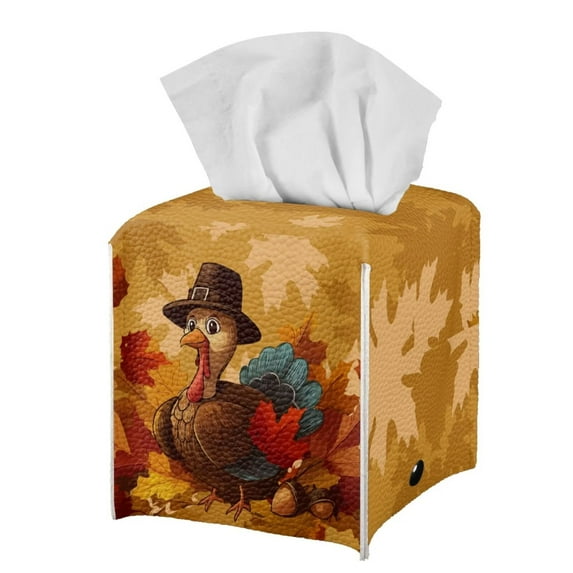 Psesaysky Tissue Box Cover, Thanksgiving Turkey Leaves Square Decorative Car Tissue Holder PU Leather Facial Paper Case Organizer Dispenser for Bathroom, Vanity Countertop, Night Stands, Desk