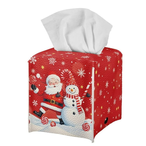 Psesaysky Tissue Box Holder - Square PU Leather Tissues Cube Box Cover Waterproof -Christmas Decorative Car Facial Tissue Holder on Table and Barthroom, Santa&Snowman