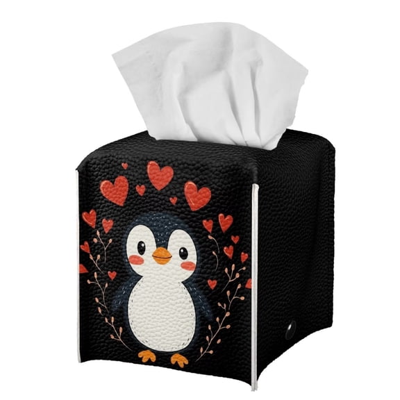 Psesaysky Tissue Box Holder - Square PU Leather Tissues Cube Box Cover Waterproof -Cute Penguin Decorative Car Facial Tissue Holder on Table and Barthroom