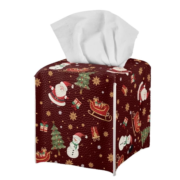 Psesaysky Tissue Box Holder Waterproof - Square PU Leather Tissues Cube Box Cover -Christmas Santa Snowman Decorative Car Facial Tissue Holder on Table and Barthroom, 5.1"X5.1"X5.5"