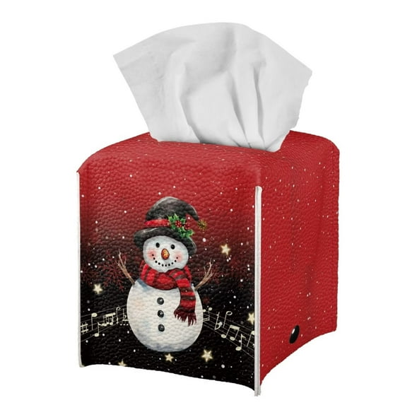 Psesaysky Tissue Box Holder Waterproof - Square PU Leather Tissues Cube Box Cover -Snowman Red Decorative Car Facial Tissue Holder on Table and Barthroom, 5.1"X5.1"X5.5"